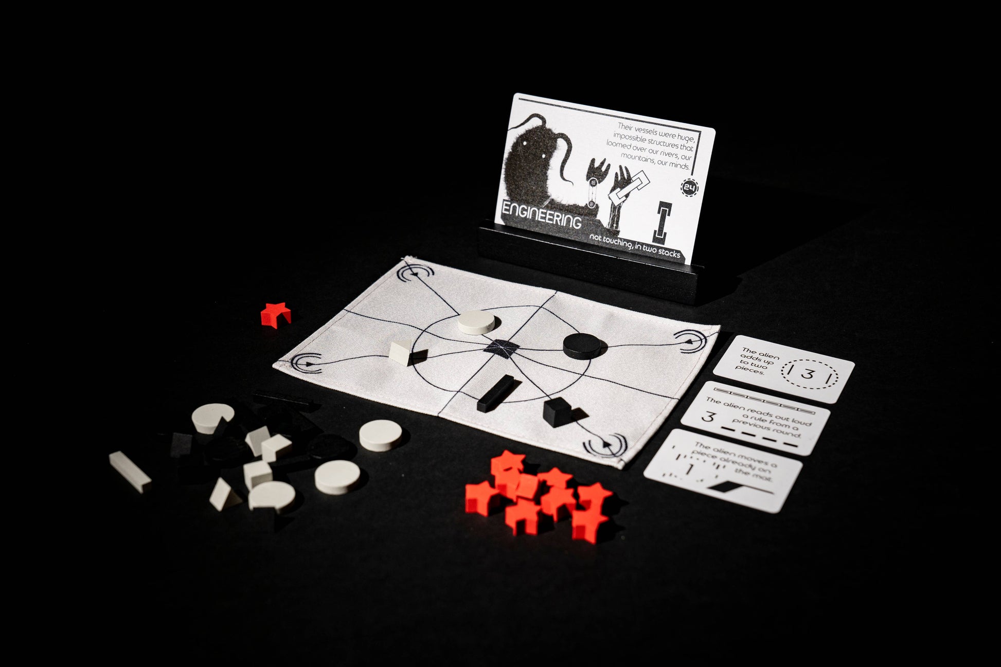 Signal board game, Signal game, cooperative deduction game, communication game, logic puzzle board game, cooperative logic game, alien communication board game, hidden rules deduction game, pattern deduction game, black and white pieces game, cooperative puzzle game for adults, quick cooperative game 15 minutes, 2 player cooperative game, party size cooperative game 2 or more players, game night logic challenge, teamwork deduction board game, family logic board game age 10+, unique indie tabletop game, sci 