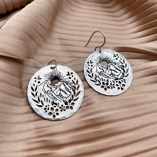 mountain earrings silver, sterling silver mountain jewelry, mountain cut out earrings, outdoor adventure earrings, hiking inspired jewelry, silver trail earrings, sterling silver plated earrings, nature lover gift, mountain range earrings, hypoallergenic silver earrings, statement earrings for hikers, wilderness inspired jewelry, stargazer earrings, silver mountain dangle earrings, bold nature earrings
