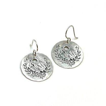mountain earrings silver, sterling silver mountain jewelry, mountain cut out earrings, outdoor adventure earrings, hiking inspired jewelry, silver trail earrings, sterling silver plated earrings, nature lover gift, mountain range earrings, hypoallergenic silver earrings, statement earrings for hikers, wilderness inspired jewelry, stargazer earrings, silver mountain dangle earrings, bold nature earrings