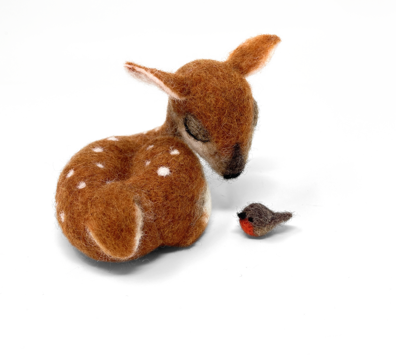 Sleepy fawn needle felting kit, woodland animal craft kit, beginner 3D needle felting, deer and robin felting kit, The Crafty Kit Company Scotland, Corriedale wool craft kit, sustainable needle felting, relaxing DIY animal project, handmade woodland decor, felted fawn gift idea