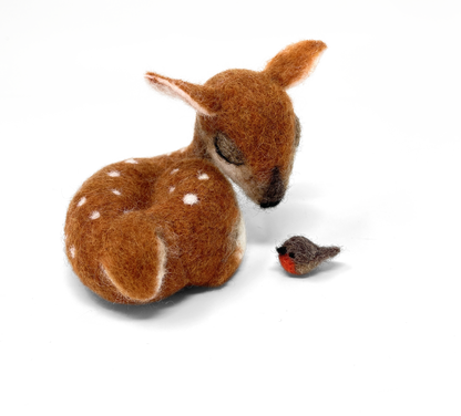 Sleepy fawn needle felting kit, woodland animal craft kit, beginner 3D needle felting, deer and robin felting kit, The Crafty Kit Company Scotland, Corriedale wool craft kit, sustainable needle felting, relaxing DIY animal project, handmade woodland decor, felted fawn gift idea
