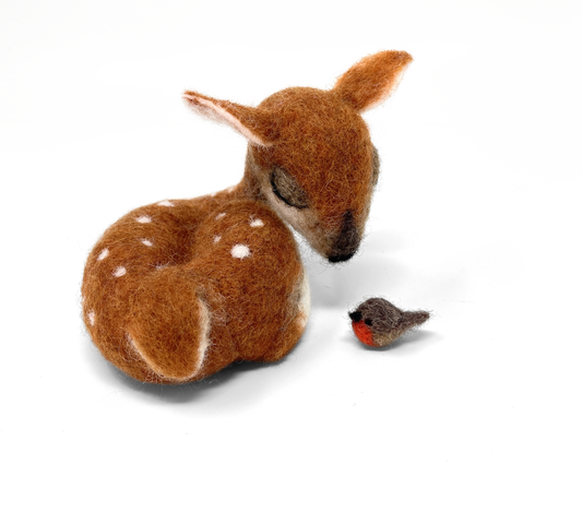 Sleepy fawn needle felting kit, woodland animal craft kit, beginner 3D needle felting, deer and robin felting kit, The Crafty Kit Company Scotland, Corriedale wool craft kit, sustainable needle felting, relaxing DIY animal project, handmade woodland decor, felted fawn gift idea