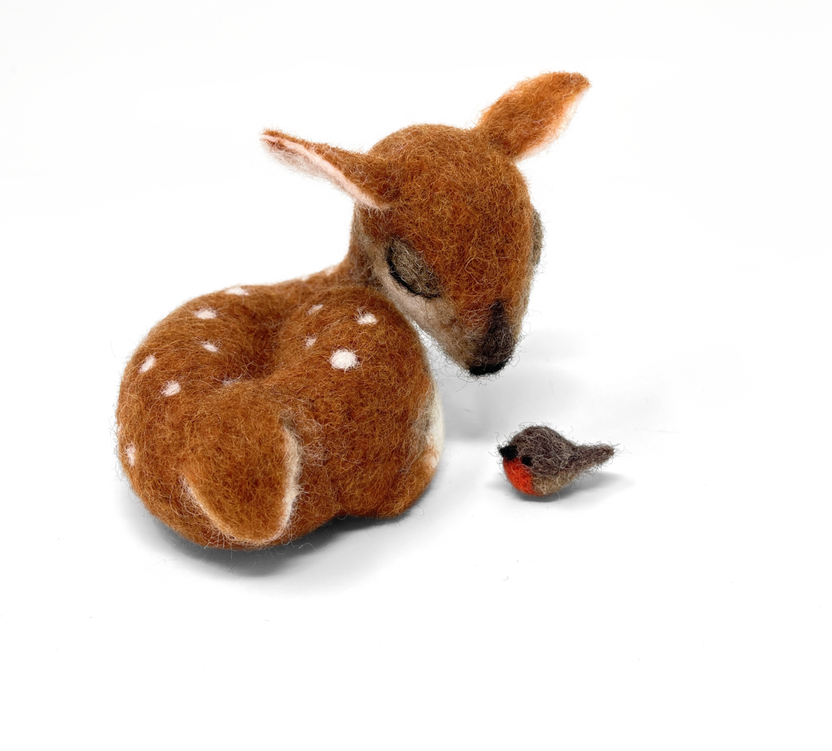 Sleepy fawn needle felting kit, woodland animal craft kit, beginner 3D needle felting, deer and robin felting kit, The Crafty Kit Company Scotland, Corriedale wool craft kit, sustainable needle felting, relaxing DIY animal project, handmade woodland decor, felted fawn gift idea