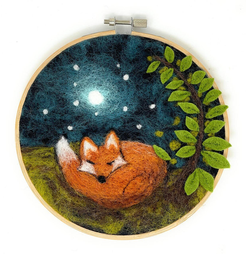 sleepy fox needle felting kit, fox in a hoop felting kit, painting with wool kit, diy wool art kit, beginner needle felting fox, crafty kit company felt kit, woodland animal felting, fox embroidery hoop kit, felt fox decor craft, hoop needle felting project, wool fox wall art, scottish felting kits, felted fox gift kit, corriedale wool craft, diy hoop wall art kit