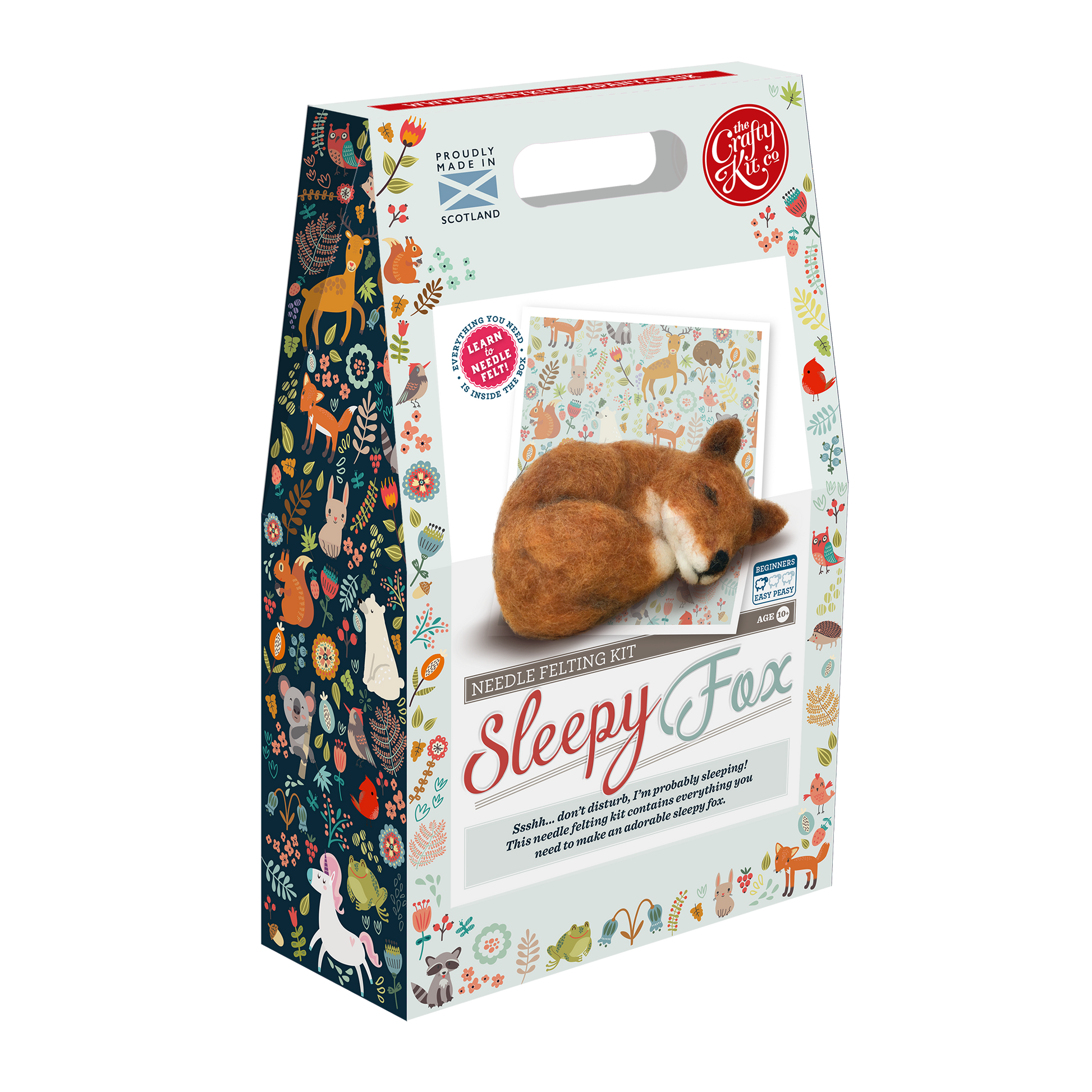sleepy fox needle felting kit, beginner wool craft kit, woodland animal felting project, DIY fox craft kit, handmade felting kit Scotland, The Crafty Kit Company fox, Corriedale wool needle felting, cozy fox DIY craft, giftable beginner craft kit, animal lover needle felting project