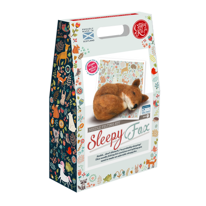 sleepy fox needle felting kit, beginner wool craft kit, woodland animal felting project, DIY fox craft kit, handmade felting kit Scotland, The Crafty Kit Company fox, Corriedale wool needle felting, cozy fox DIY craft, giftable beginner craft kit, animal lover needle felting project