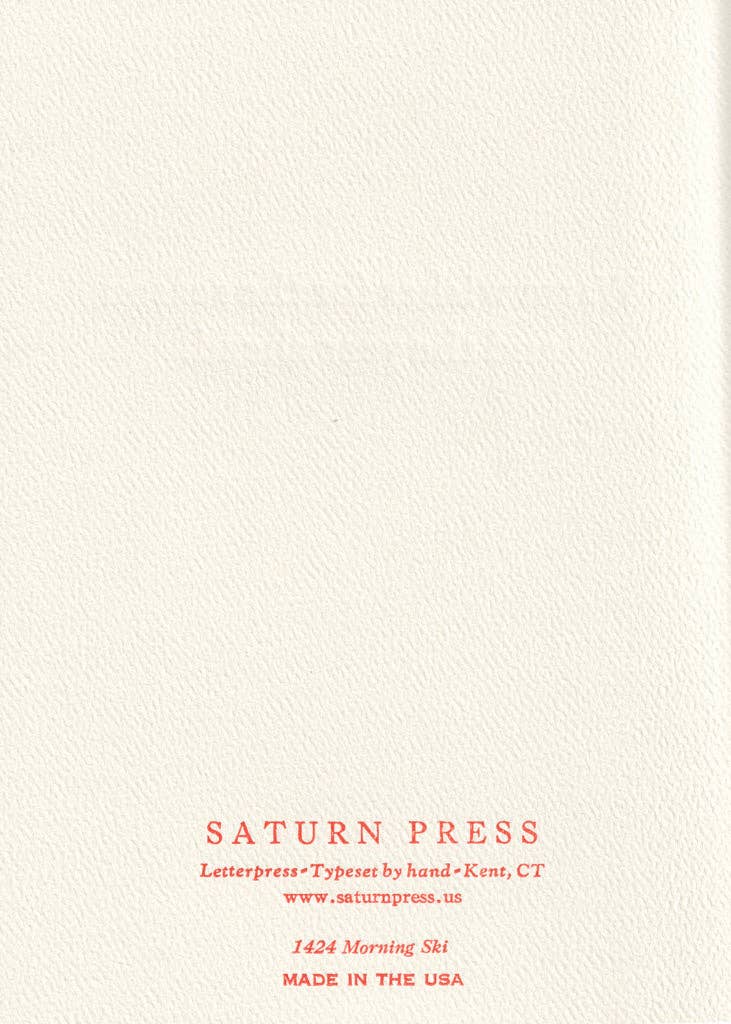 Saturn Press card, holiday letterpress card, snow birds, ski, skiing, greeting card, Season’s Greetings card, deckle edge stationery, handmade letterpress holiday card, winter scene card, printed holiday card with message, artisanal Christmas card, premium holiday stationery, festive bird card, nature-inspired holiday card