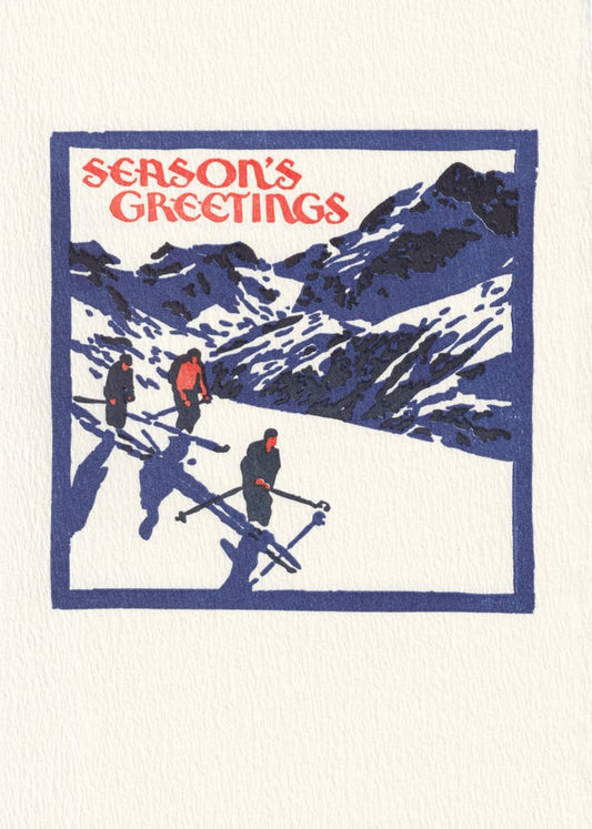 Saturn Press card, holiday letterpress card, snow birds, ski, skiing, greeting card, Season’s Greetings card, deckle edge stationery, handmade letterpress holiday card, winter scene card, printed holiday card with message, artisanal Christmas card, premium holiday stationery, festive bird card, nature-inspired holiday card