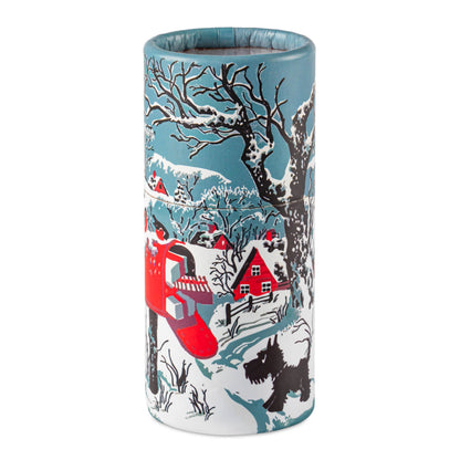 Snowy Letterbox match cylinder, Westie Christmas matchbox, winter dog illustration, large holiday match tube, festive safety matches, Christmas table décor, UK-made match cylinder, winter landscape artwork, decorative match container, holiday gift for dog lovers, collectible Christmas matchbox, Archivist holiday collection, Rogue & Rye curated seasonal gifts, charming winter match design.