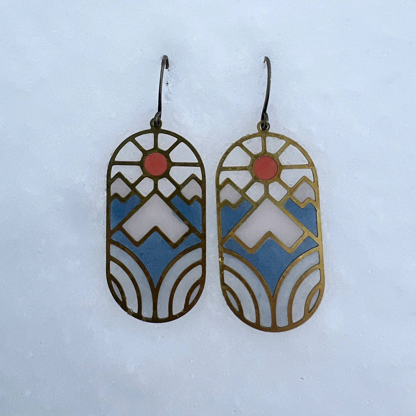 solstice earrings, stained glass resin earrings, brass nature earrings, celestial earrings, handmade dangle earrings, lightweight artisan jewelry, modern resin earrings, nature-inspired jewelry, sun and moon earrings, boho style accessories, colorful resin earrings, everyday dangle earrings, brass statement earrings, gift for nature lovers, handcrafted jewelry for women, unique solstice earrings, resin brass jewelry, Rogue & Rye earrings, artistic handmade earrings, seasonal jewelry gift