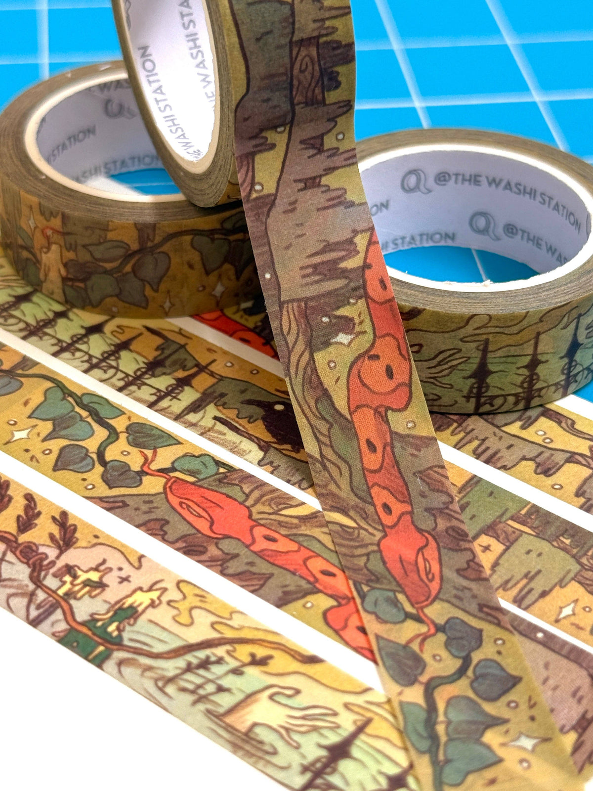 Close view of Southern Gothic Storyteller paper tape and its illustrated repeating design