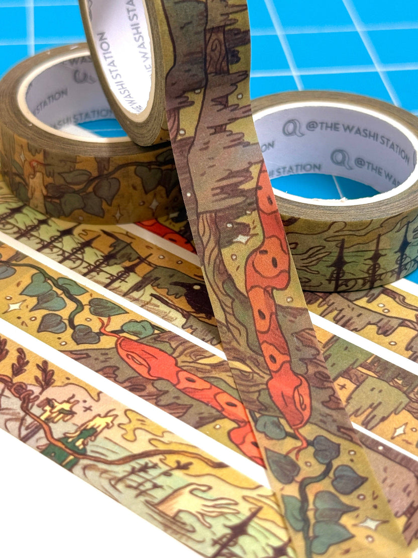 Close view of Southern Gothic Storyteller paper tape and its illustrated repeating design