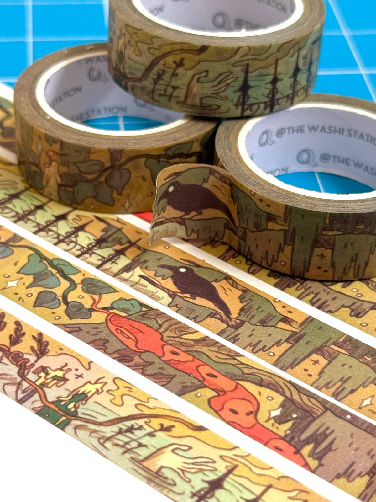 Southern Gothic washi tape showing a continuous series of colorful illustrated scenes