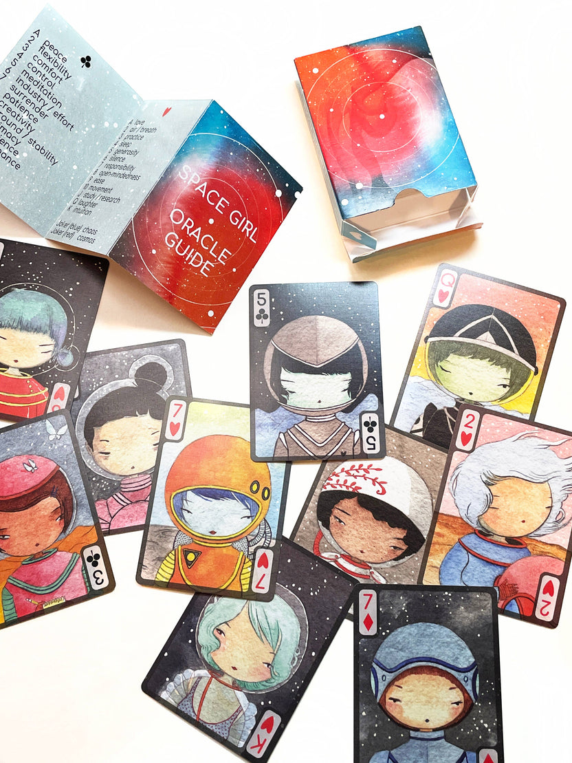 Space Girl playing cards, sci-fi oracle deck, femme astronaut card deck, cosmic divination cards, watercolor space deck, space-themed poker cards, futuristic tarot alternative, space girl oracle, 54-card sci-fi deck, space explorer gift