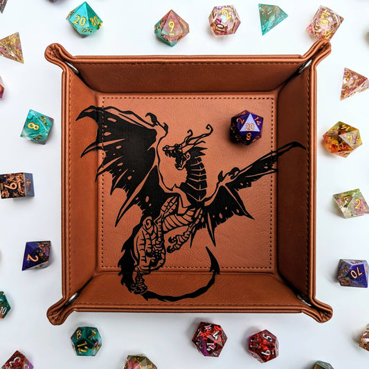 vegan leather dice tray, Spawn of Tiamat tray, DnD rolling tray, RPG accessory tray, NTSD Gaming dice tray, tabletop organizer, snap dice tray, dragon themed gaming tray, vegan leather gaming accessory, North to South Designs