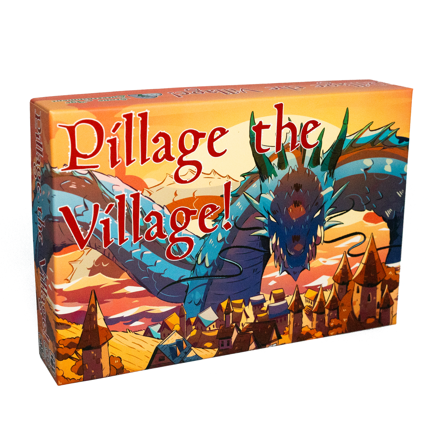Pillage the Village game, Pillage the Village board game, Stone Age Entertainment game, fantasy board game, dragon board game, dragons and treasure game, fast paced fantasy game, bluffing board game, simultaneous action board game, mythology inspired card game, light strategy board game, family board game ages 10 and up, 2 to 6 player board game, 20 to 30 minute board game, quick tabletop game night, board game for D&D fans, giftable fantasy board game, indie tabletop game, unique board game gift, casual ga