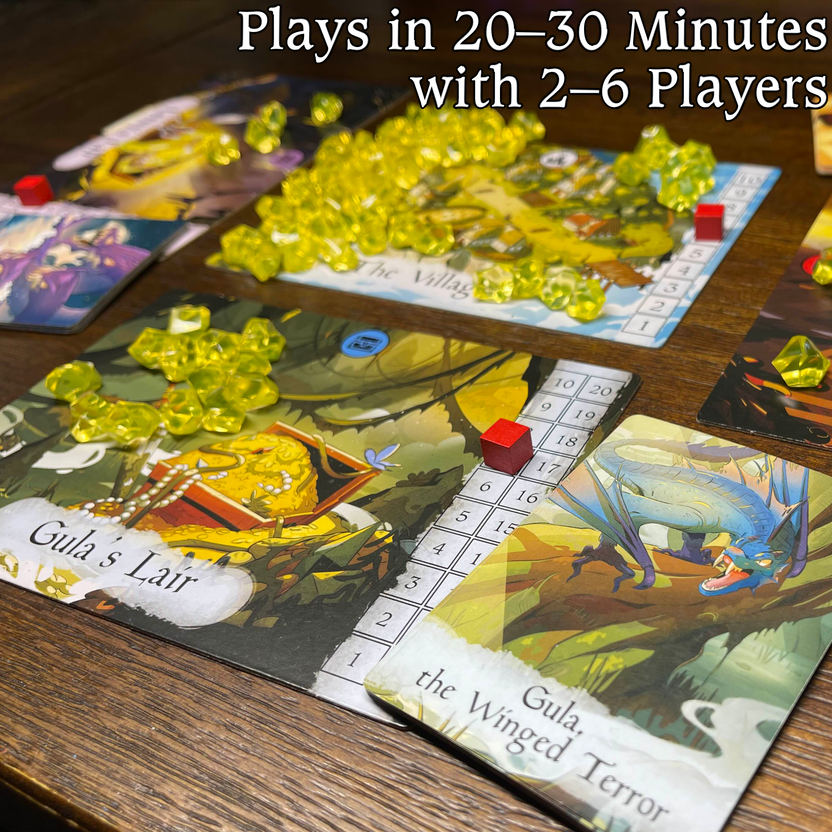 Pillage the Village game, Pillage the Village board game, Stone Age Entertainment game, fantasy board game, dragon board game, dragons and treasure game, fast paced fantasy game, bluffing board game, simultaneous action board game, mythology inspired card game, light strategy board game, family board game ages 10 and up, 2 to 6 player board game, 20 to 30 minute board game, quick tabletop game night, board game for D&D fans, giftable fantasy board game, indie tabletop game, unique board game gift, casual ga