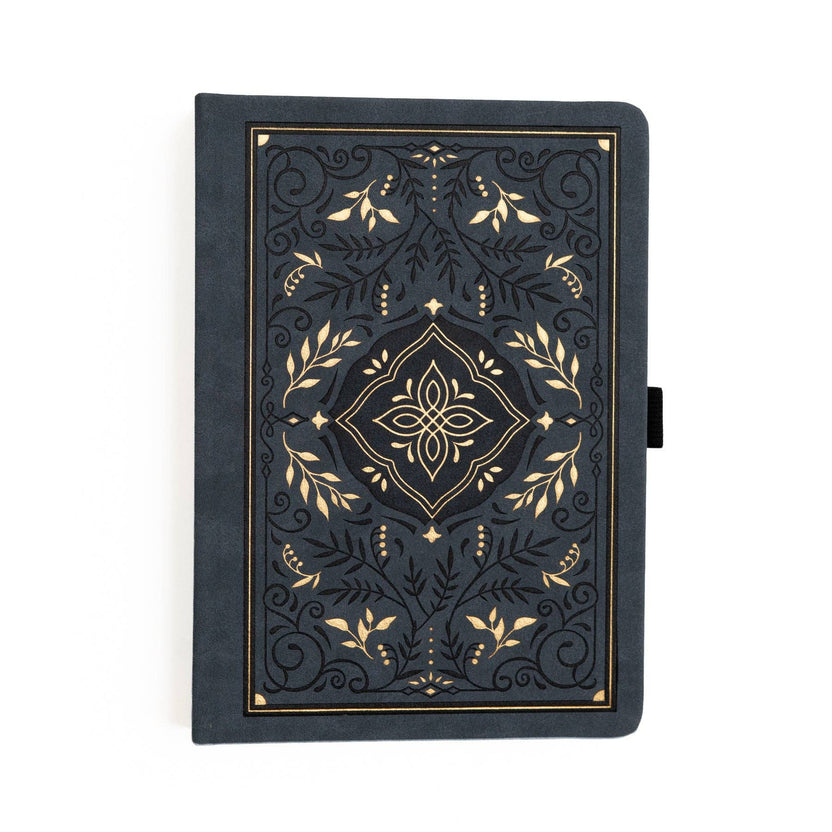 Gold decorative detailing on navy Archer and Olive Storybook notebook