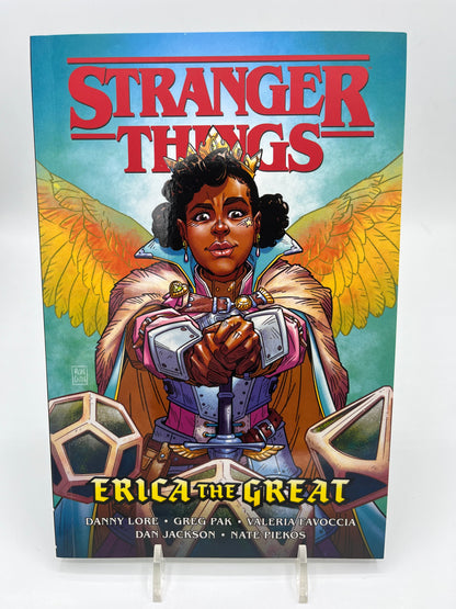 Cover of Stranger Things: Erica the Great featuring Erica Sinclair dressed in fantasy armor with wings, holding a sword beneath the Stranger Things logo.