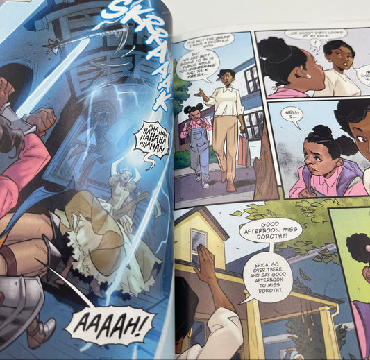 Interior pages from Stranger Things: Erica the Great featuring full-color comic artwork, character dialogue, and fantasy-inspired adventures starring Erica Sinclair.