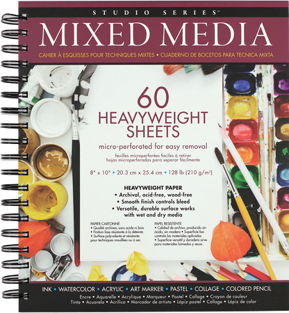mixed media sketch pad, 8x10 art pad, spiral bound drawing pad, smooth surface art paper, heavy weight sketchbook, mixed media paper for markers and ink, acid-free sketch pad, artist travel sketchbook, durable art pad for kids and adults, studio series art supplies, 128 lb mixed media paper, archival drawing paper, creative journaling pad