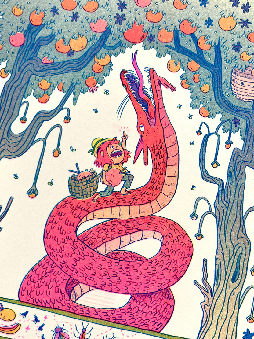 Summer dragon risograph print, stone fruit dragon art, Natalie Andrewson riso print, summer fantasy illustration, blue yellow fluorescent pink riso, whimsical dragon artwork, juicy fruit summer print, indie printmaker risograph, vibrant summer wall art, collectible riso print, Rogue & Rye fantasy art.