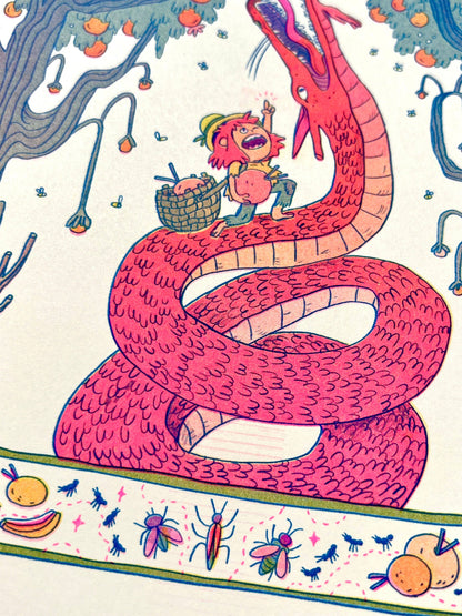 Summer dragon risograph print, stone fruit dragon art, Natalie Andrewson riso print, summer fantasy illustration, blue yellow fluorescent pink riso, whimsical dragon artwork, juicy fruit summer print, indie printmaker risograph, vibrant summer wall art, collectible riso print, Rogue & Rye fantasy art.