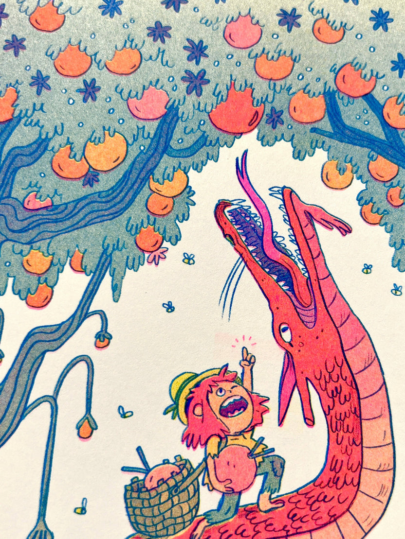 Summer dragon risograph print, stone fruit dragon art, Natalie Andrewson riso print, summer fantasy illustration, blue yellow fluorescent pink riso, whimsical dragon artwork, juicy fruit summer print, indie printmaker risograph, vibrant summer wall art, collectible riso print, Rogue & Rye fantasy art.