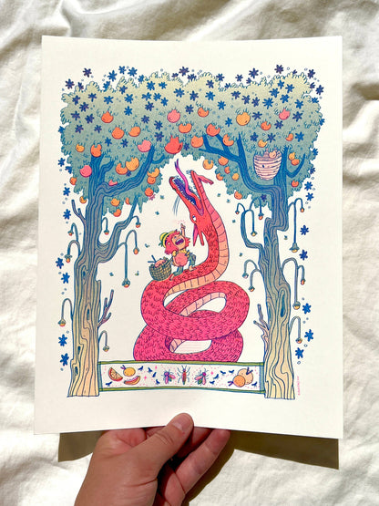 Summer dragon risograph print, stone fruit dragon art, Natalie Andrewson riso print, summer fantasy illustration, blue yellow fluorescent pink riso, whimsical dragon artwork, juicy fruit summer print, indie printmaker risograph, vibrant summer wall art, collectible riso print, Rogue & Rye fantasy art.
