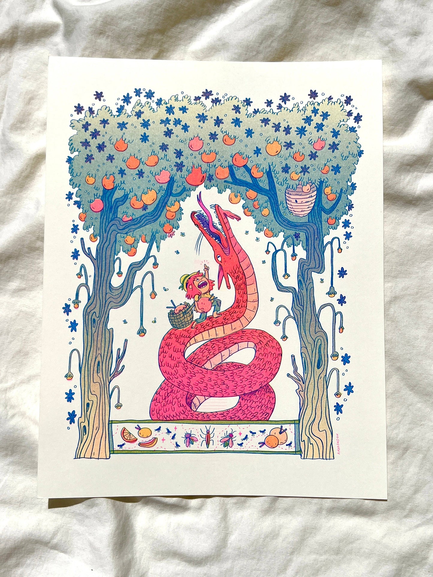 Summer dragon risograph print, stone fruit dragon art, Natalie Andrewson riso print, summer fantasy illustration, blue yellow fluorescent pink riso, whimsical dragon artwork, juicy fruit summer print, indie printmaker risograph, vibrant summer wall art, collectible riso print, Rogue & Rye fantasy art.