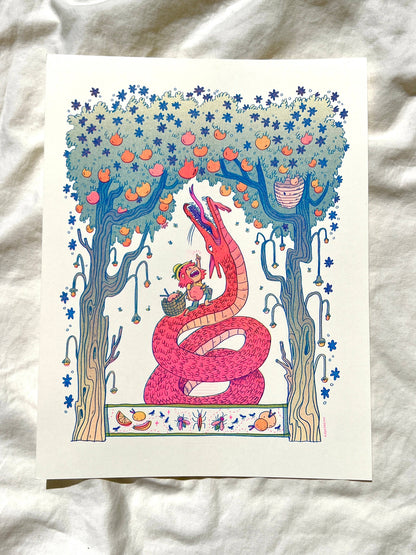 Summer dragon risograph print, stone fruit dragon art, Natalie Andrewson riso print, summer fantasy illustration, blue yellow fluorescent pink riso, whimsical dragon artwork, juicy fruit summer print, indie printmaker risograph, vibrant summer wall art, collectible riso print, Rogue & Rye fantasy art.