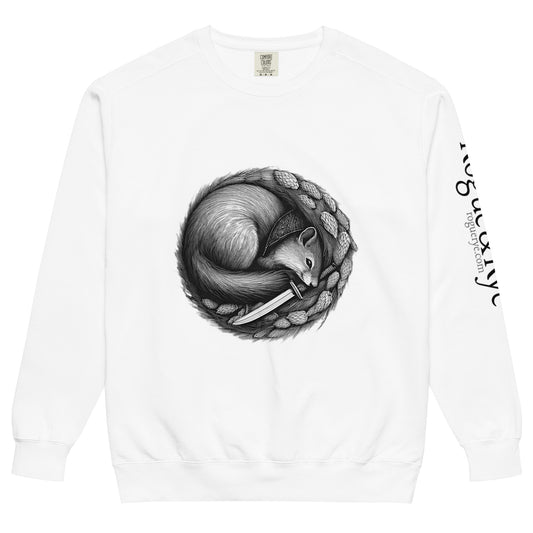 rogue squirrel sweatshirt, heritage rogue sweatshirt, vintage rogue sweater, cozy fantasy sweatshirt, board game night apparel, hops and dagger sweatshirt, rogue and rye merch, unisex adventure sweatshirt, fantasy character sweatshirt, relaxed fit gamer hoodie, squirrel with dagger, garment dyed sweatshirt, oeko-tex sweatshirt, relaxed cozy fleece, mischievous squirrel art, rogue and rye original, gamer lifestyle clothing