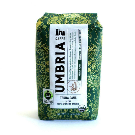 organic fair trade coffee, morning blend whole bean, Terra Sana coffee, apple chocolate coffee, smooth medium roast, ethical coffee beans, Peruvian coffee, Mexican coffee, East Timor coffee, breakfast coffee blend, balanced coffee flavor, sustainable coffee, 12 oz organic coffee, Bizzarri family coffee, crisp coffee with chocolate notes, smallholder farm coffee