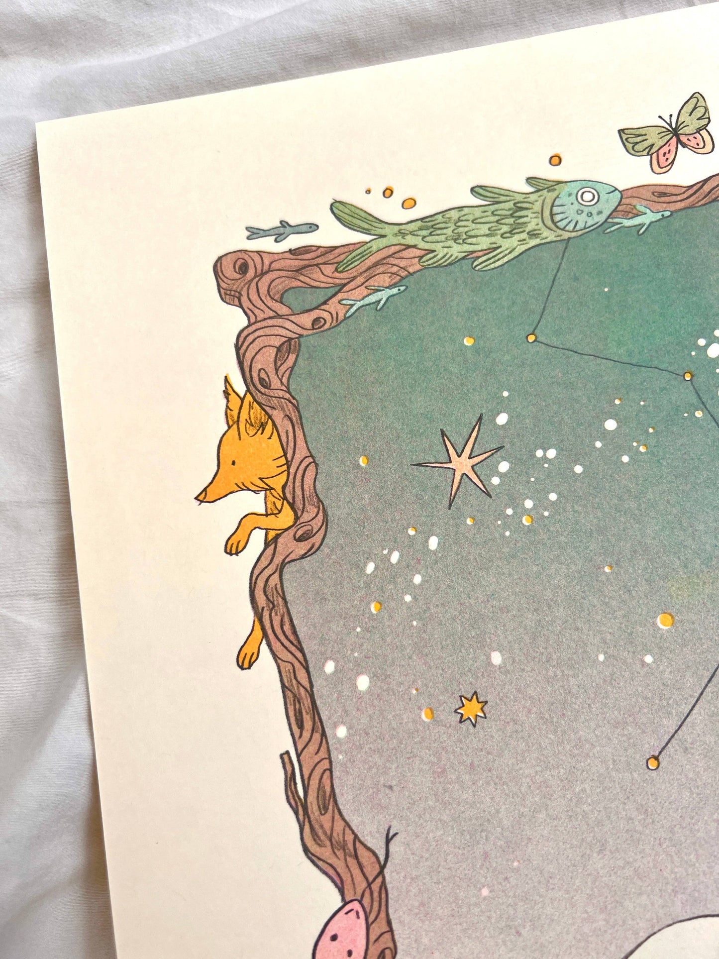 Carl Sagan quote print, Cosmos risograph print, Natalie Andrewson space art, Contact tribute artwork, bubblegum pink mint riso print, four-color riso art, science lover wall art, cosmic illustration print, Secret Room Press risograph, speculative fiction art print, vibrant riso poster, collectible indie printmaker art, Rogue & Rye artist collection.