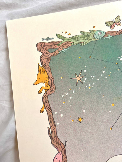 Carl Sagan quote print, Cosmos risograph print, Natalie Andrewson space art, Contact tribute artwork, bubblegum pink mint riso print, four-color riso art, science lover wall art, cosmic illustration print, Secret Room Press risograph, speculative fiction art print, vibrant riso poster, collectible indie printmaker art, Rogue & Rye artist collection.