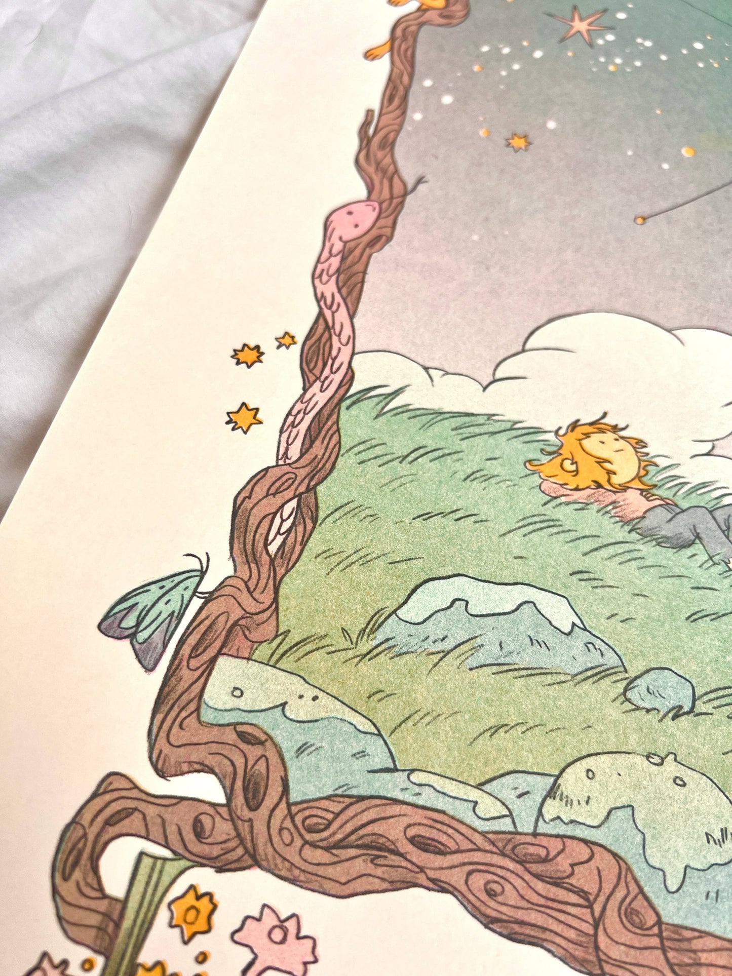 Carl Sagan quote print, Cosmos risograph print, Natalie Andrewson space art, Contact tribute artwork, bubblegum pink mint riso print, four-color riso art, science lover wall art, cosmic illustration print, Secret Room Press risograph, speculative fiction art print, vibrant riso poster, collectible indie printmaker art, Rogue & Rye artist collection.