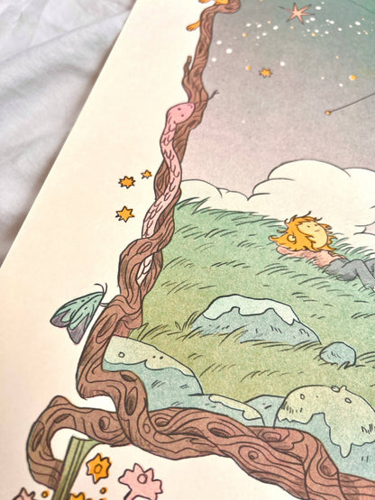 Carl Sagan quote print, Cosmos risograph print, Natalie Andrewson space art, Contact tribute artwork, bubblegum pink mint riso print, four-color riso art, science lover wall art, cosmic illustration print, Secret Room Press risograph, speculative fiction art print, vibrant riso poster, collectible indie printmaker art, Rogue & Rye artist collection.