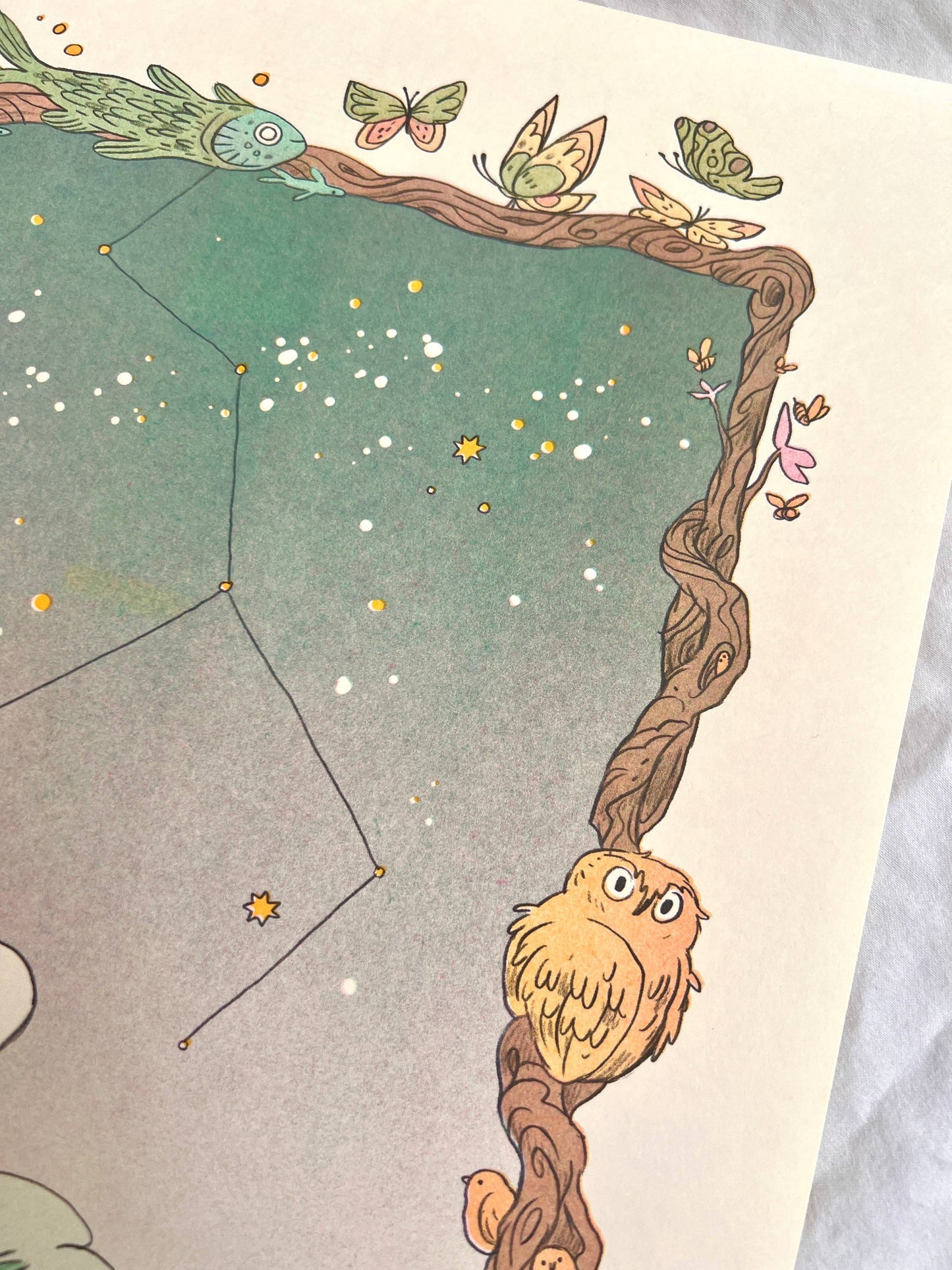 Carl Sagan quote print, Cosmos risograph print, Natalie Andrewson space art, Contact tribute artwork, bubblegum pink mint riso print, four-color riso art, science lover wall art, cosmic illustration print, Secret Room Press risograph, speculative fiction art print, vibrant riso poster, collectible indie printmaker art, Rogue & Rye artist collection.