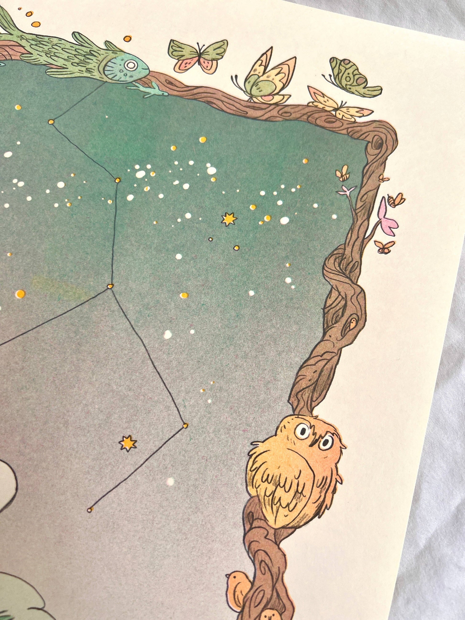 Carl Sagan quote print, Cosmos risograph print, Natalie Andrewson space art, Contact tribute artwork, bubblegum pink mint riso print, four-color riso art, science lover wall art, cosmic illustration print, Secret Room Press risograph, speculative fiction art print, vibrant riso poster, collectible indie printmaker art, Rogue & Rye artist collection.