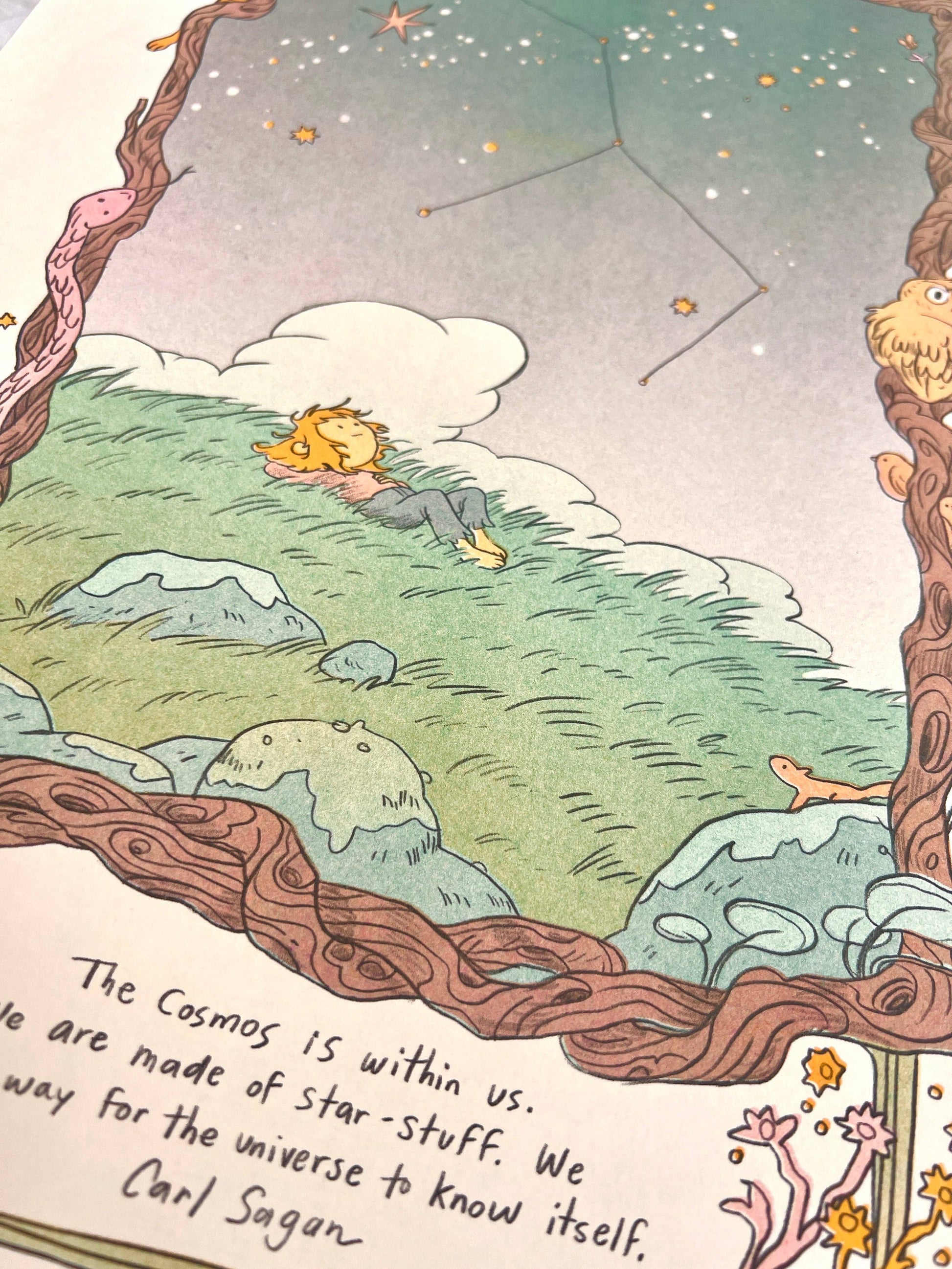 Carl Sagan quote print, Cosmos risograph print, Natalie Andrewson space art, Contact tribute artwork, bubblegum pink mint riso print, four-color riso art, science lover wall art, cosmic illustration print, Secret Room Press risograph, speculative fiction art print, vibrant riso poster, collectible indie printmaker art, Rogue & Rye artist collection.