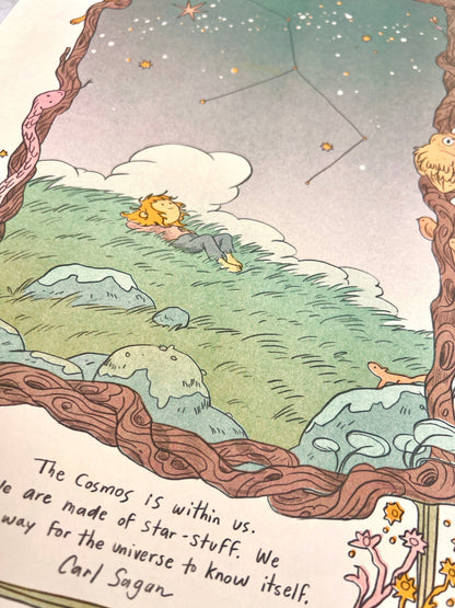 Carl Sagan quote print, Cosmos risograph print, Natalie Andrewson space art, Contact tribute artwork, bubblegum pink mint riso print, four-color riso art, science lover wall art, cosmic illustration print, Secret Room Press risograph, speculative fiction art print, vibrant riso poster, collectible indie printmaker art, Rogue & Rye artist collection.