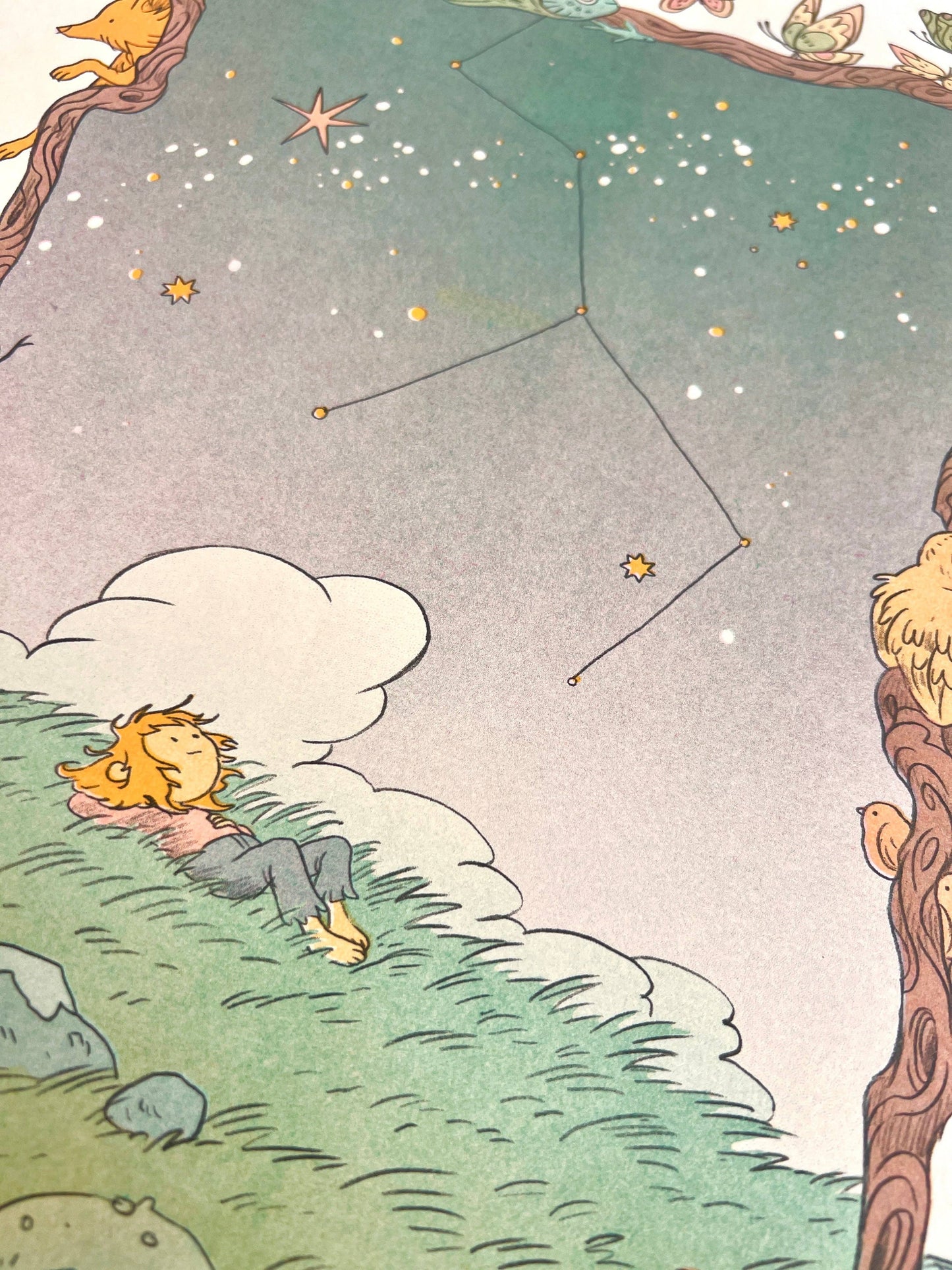 Carl Sagan quote print, Cosmos risograph print, Natalie Andrewson space art, Contact tribute artwork, bubblegum pink mint riso print, four-color riso art, science lover wall art, cosmic illustration print, Secret Room Press risograph, speculative fiction art print, vibrant riso poster, collectible indie printmaker art, Rogue & Rye artist collection.