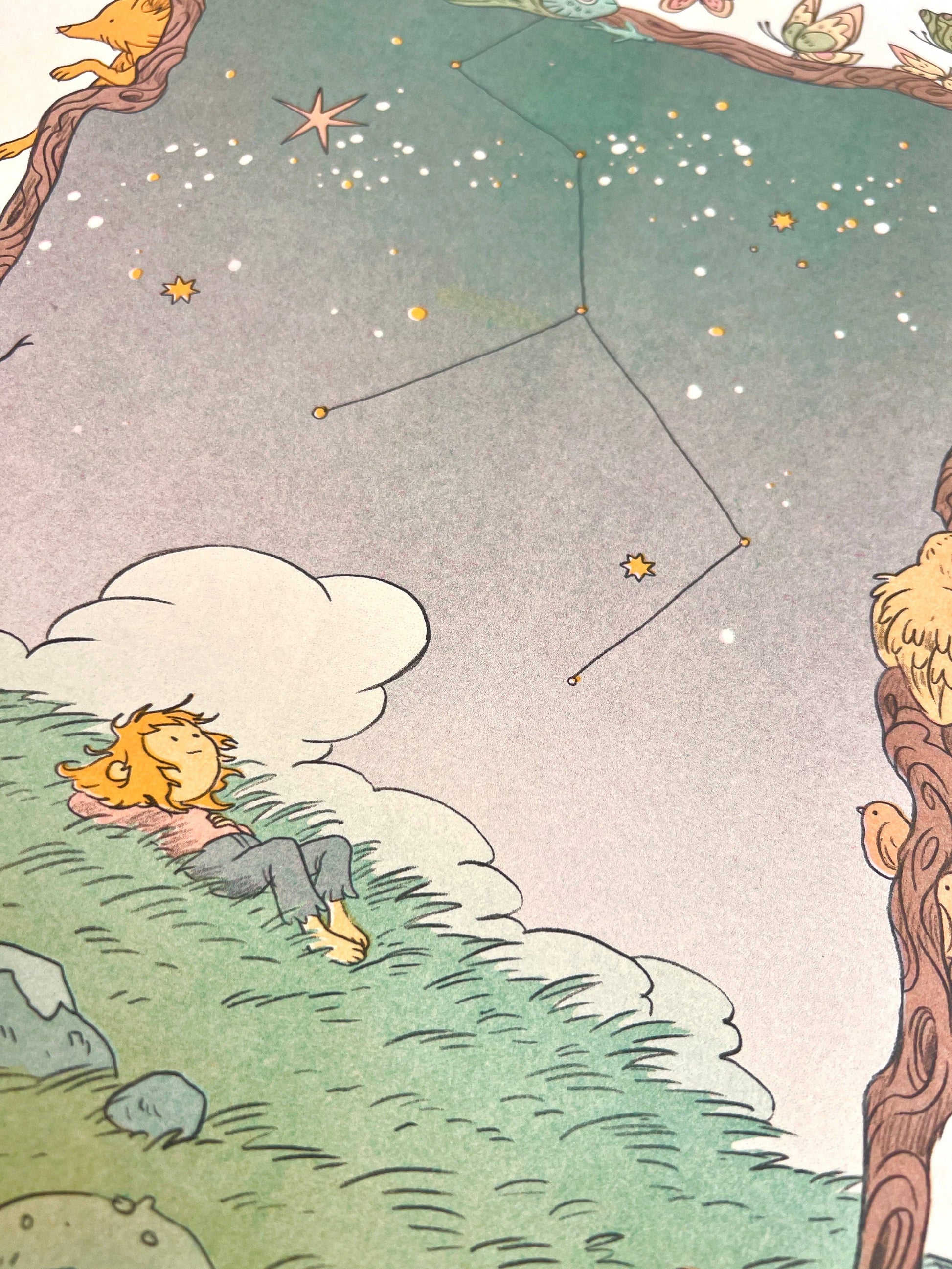 Carl Sagan quote print, Cosmos risograph print, Natalie Andrewson space art, Contact tribute artwork, bubblegum pink mint riso print, four-color riso art, science lover wall art, cosmic illustration print, Secret Room Press risograph, speculative fiction art print, vibrant riso poster, collectible indie printmaker art, Rogue & Rye artist collection.