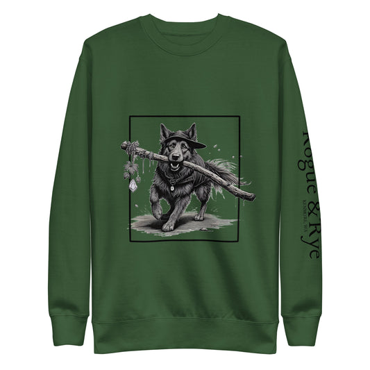 druid dog sweatshirt, nature-inspired loungewear, forest trail dog hoodie, unisex druid sweatshirt, rogue and rye apparel, cozy fantasy sweatshirt, great pyrenees clothing, woodland adventure hoodie, gamer druid merch, dog lover gift idea, fleece sweatshirt for hikers, rpg nature class clothing, trail-ready sweatshirt, comfy unisex fantasy wear