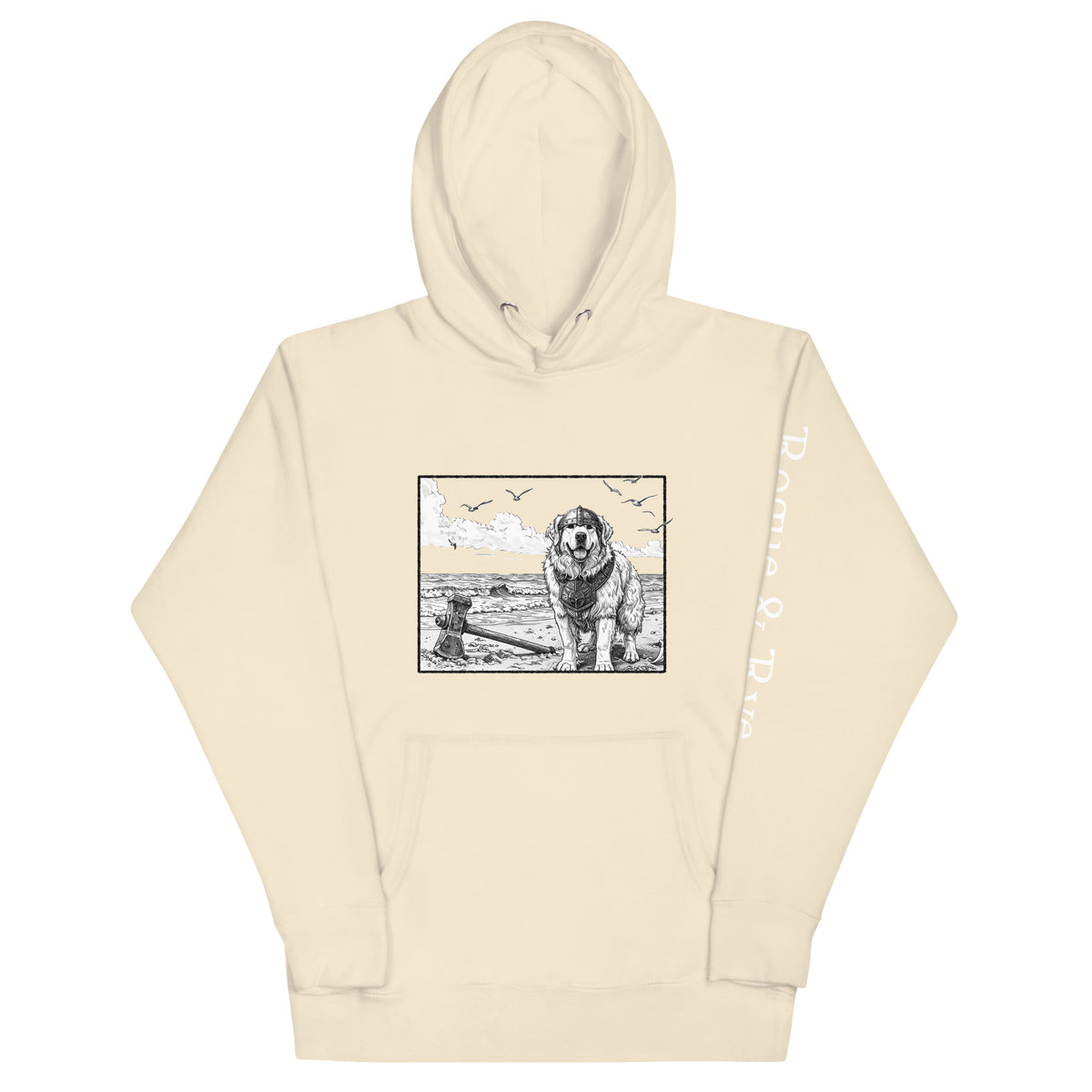 The Herald hoodie, unisex adventure hoodie, Rogue & Rye hoodie, Great Pyrenees inspired sweatshirt, fantasy RPG hoodie, cozy fleece hoodie, cotton blend hoodie, cold weather adventure gear, soft warm unisex hoodie, RPG character apparel, sustainable fantasy clothing, fleece-lined hoodie, guardian character sweatshirt, winter-ready gamer hoodie, stylish warm hoodie