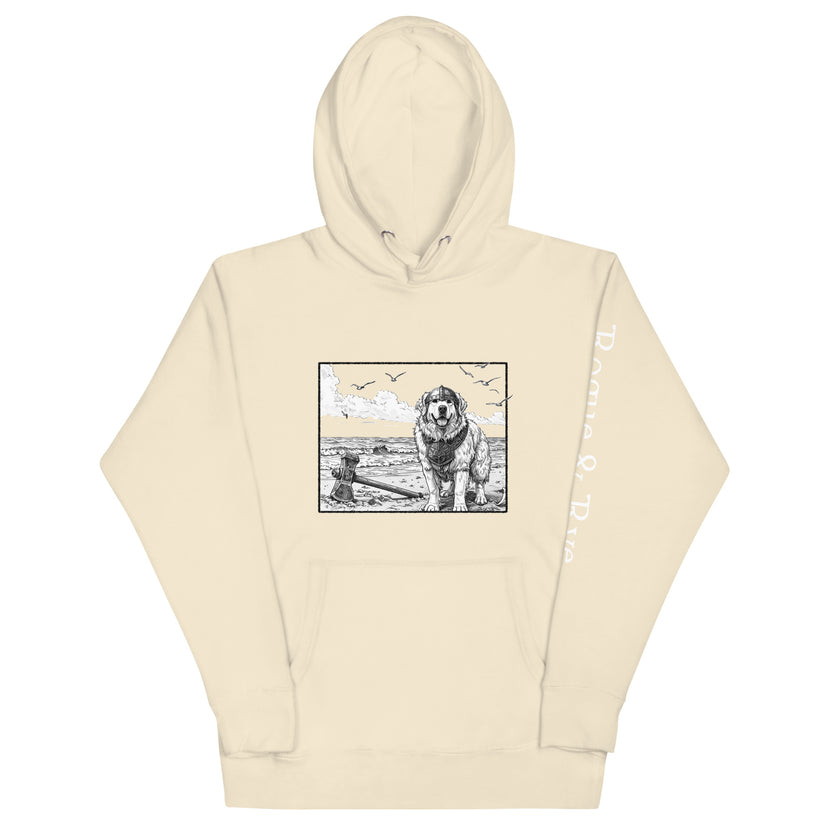 The Herald hoodie, unisex adventure hoodie, Rogue & Rye hoodie, Great Pyrenees inspired sweatshirt, fantasy RPG hoodie, cozy fleece hoodie, cotton blend hoodie, cold weather adventure gear, soft warm unisex hoodie, RPG character apparel, sustainable fantasy clothing, fleece-lined hoodie, guardian character sweatshirt, winter-ready gamer hoodie, stylish warm hoodie