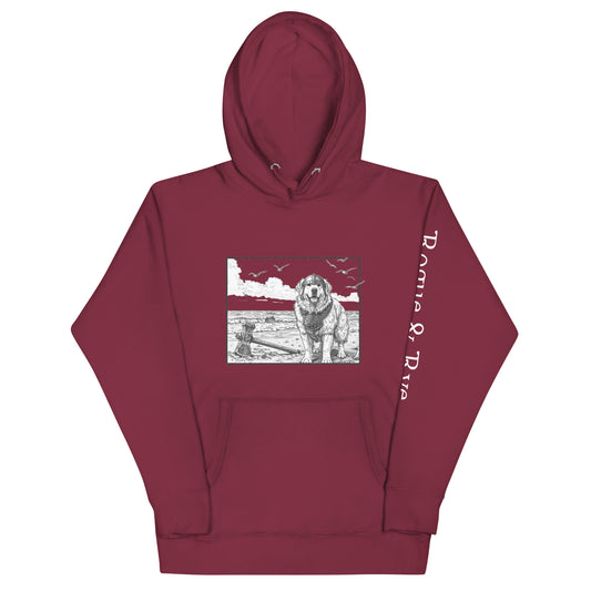 The Herald hoodie, unisex adventure hoodie, Rogue & Rye hoodie, Great Pyrenees inspired sweatshirt, fantasy RPG hoodie, cozy fleece hoodie, cotton blend hoodie, cold weather adventure gear, soft warm unisex hoodie, RPG character apparel, sustainable fantasy clothing, fleece-lined hoodie, guardian character sweatshirt, winter-ready gamer hoodie, stylish warm hoodie