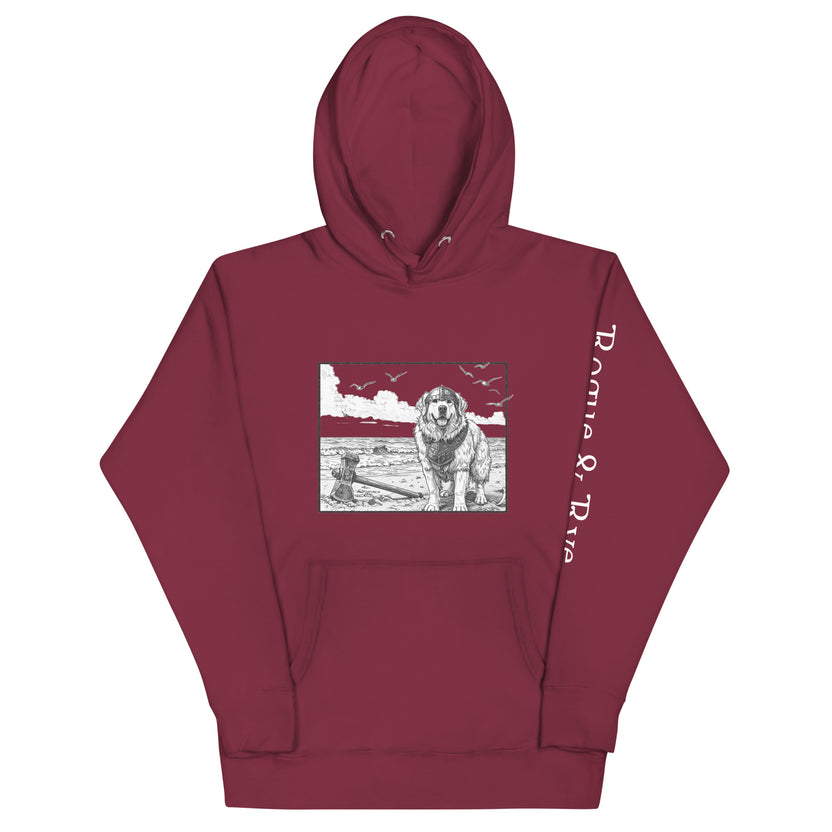 The Herald hoodie, unisex adventure hoodie, Rogue & Rye hoodie, Great Pyrenees inspired sweatshirt, fantasy RPG hoodie, cozy fleece hoodie, cotton blend hoodie, cold weather adventure gear, soft warm unisex hoodie, RPG character apparel, sustainable fantasy clothing, fleece-lined hoodie, guardian character sweatshirt, winter-ready gamer hoodie, stylish warm hoodie