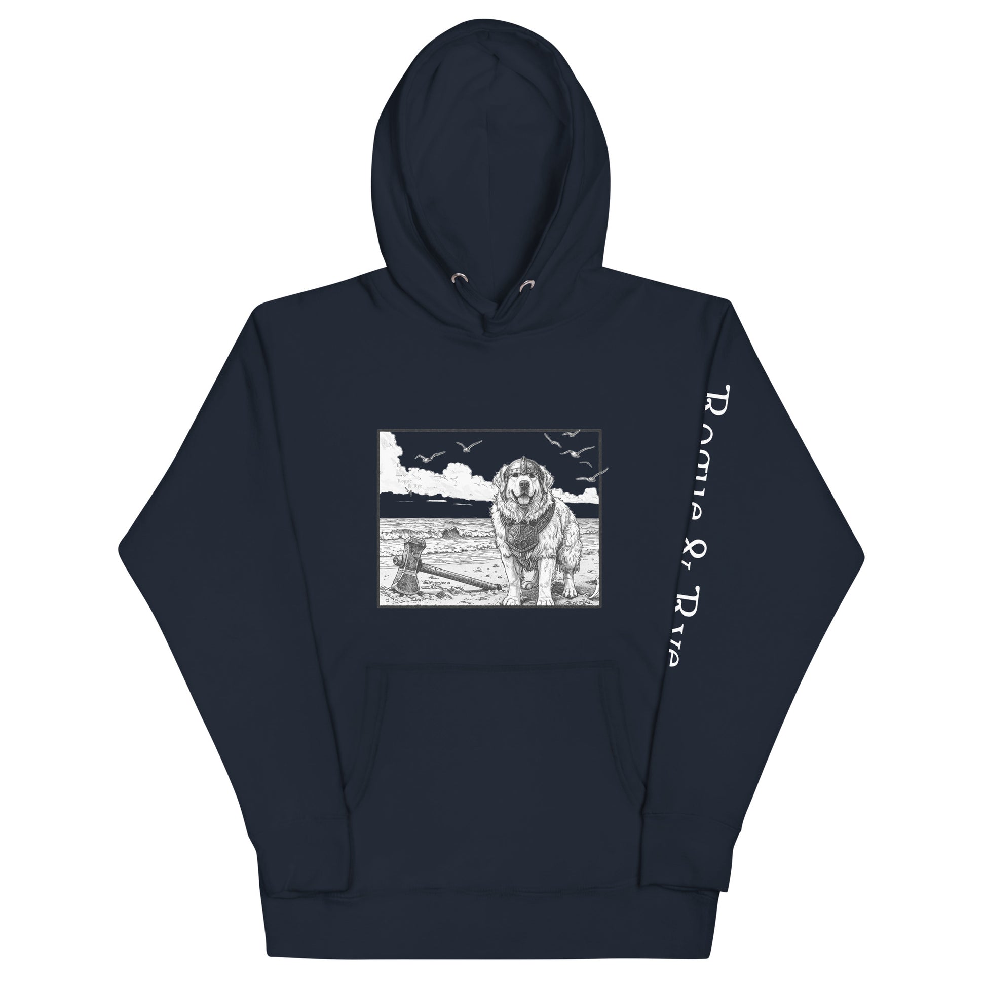 The Herald hoodie, unisex adventure hoodie, Rogue & Rye hoodie, Great Pyrenees inspired sweatshirt, fantasy RPG hoodie, cozy fleece hoodie, cotton blend hoodie, cold weather adventure gear, soft warm unisex hoodie, RPG character apparel, sustainable fantasy clothing, fleece-lined hoodie, guardian character sweatshirt, winter-ready gamer hoodie, stylish warm hoodie