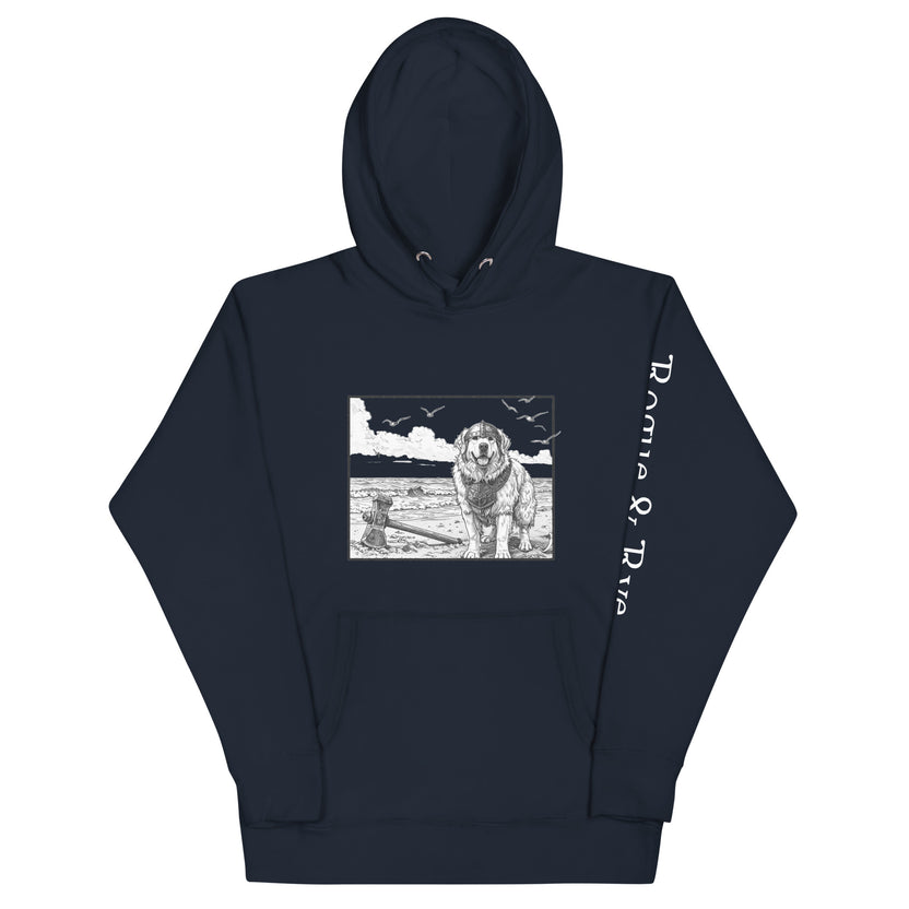 The Herald hoodie, unisex adventure hoodie, Rogue & Rye hoodie, Great Pyrenees inspired sweatshirt, fantasy RPG hoodie, cozy fleece hoodie, cotton blend hoodie, cold weather adventure gear, soft warm unisex hoodie, RPG character apparel, sustainable fantasy clothing, fleece-lined hoodie, guardian character sweatshirt, winter-ready gamer hoodie, stylish warm hoodie